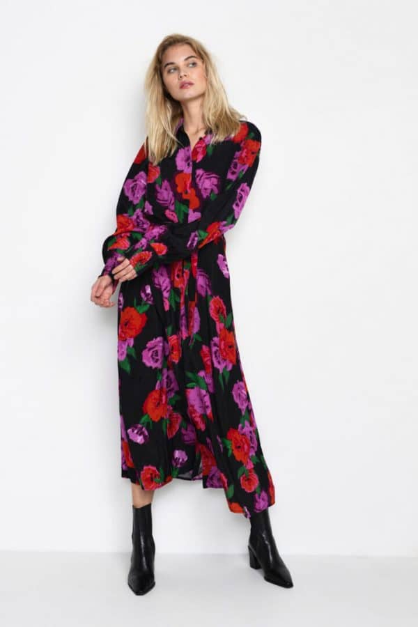 Kaffe Fashion Kaflorina Skjorte Kjole 10506764 103258 Sort, Størrelse: 34, Farve: Sort - Rød/Purple, Dame
