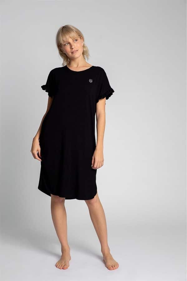 Sort lang t-shirt natkjole m. flæsekant ærmer