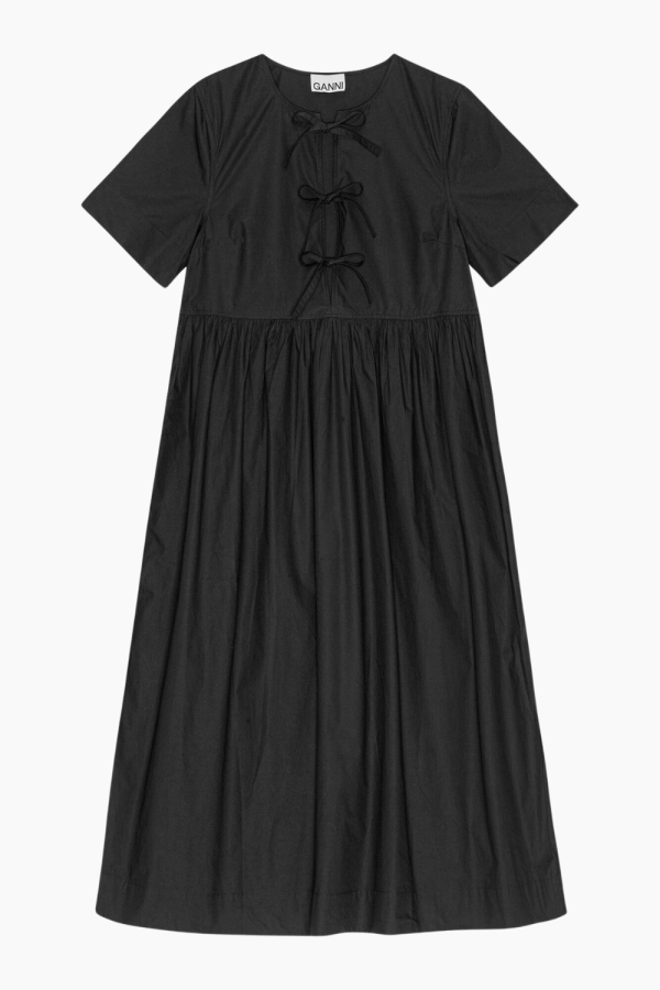 Cotton Poplin Long Tie String Dress F9199 - Black - GANNI - Sort M