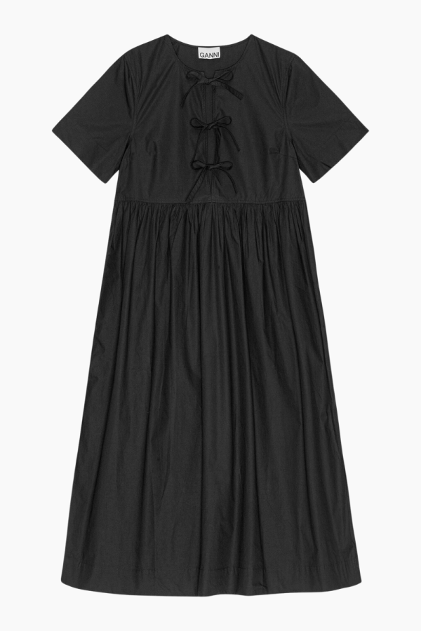 Cotton Poplin Long Tie String Dress F9199 - Black - GANNI - Sort XL